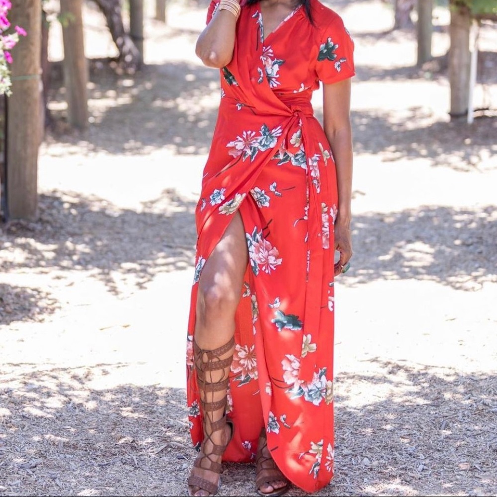 LAST CALL - Beautiful Red Floral Wrap Dress